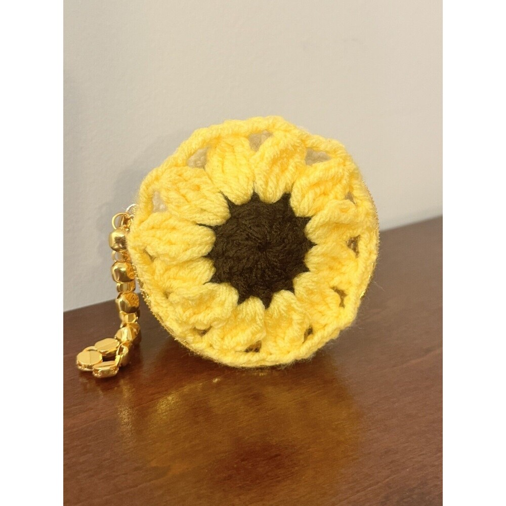 Sunflower Crochet Coin Purse Gold Plated Pouch Wristlet Bohemian Snap Clasp